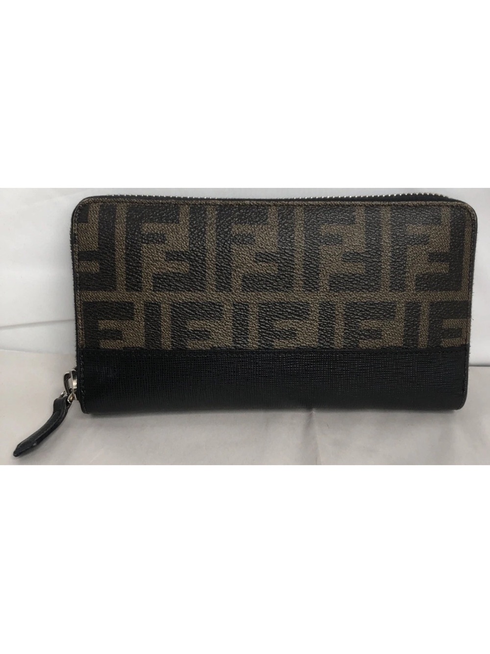 Fendi Zucca Zip Wallet in Brown & Black Leather Trim